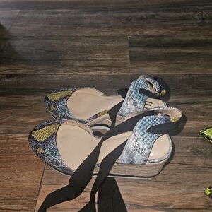 Jennifer Lopez Blue and Yellow Snake-Print Espadrille Wedges